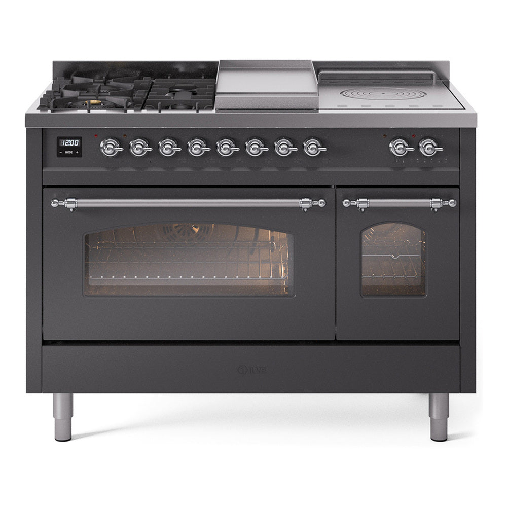 Matte graphite dual-fuel range with burners and griddle, and lit left oven glass door