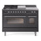 ILVE Nostalgie II 48-Inch Dual Fuel Range with 5 Burners, Griddle, & French Top with Triple Glass Door Oven in Matte Graphite with Chrome Trim (UP48FSNMPMGC)