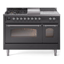 ILVE Nostalgie II 48-Inch Natural Gas Dual Fuel Range with 5 Burners, Griddle, & French Top with Triple Glass Door Oven in Matte Graphite with Chrome Trim (UP48FSNMPMGC)