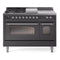 ILVE Nostalgie II 48-Inch Natural Gas Dual Fuel Range with 5 Burners, Griddle, & French Top with Triple Glass Door Oven in Matte Graphite with Chrome Trim (UP48FSNMPMGC)