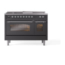ILVE Nostalgie II 48-Inch Propane Gas Dual Fuel Range with 5 Burners, Griddle, & French Top with Triple Glass Door Oven in Matte Graphite with Chrome Trim (UP48FSNMPMGCLP)