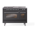 ILVE Nostalgie II 48-Inch Natural Gas Dual Fuel Range with 5 Burners, Griddle, & French Top with Triple Glass Door Oven in Matte Graphite with Chrome Trim (UP48FSNMPMGC)