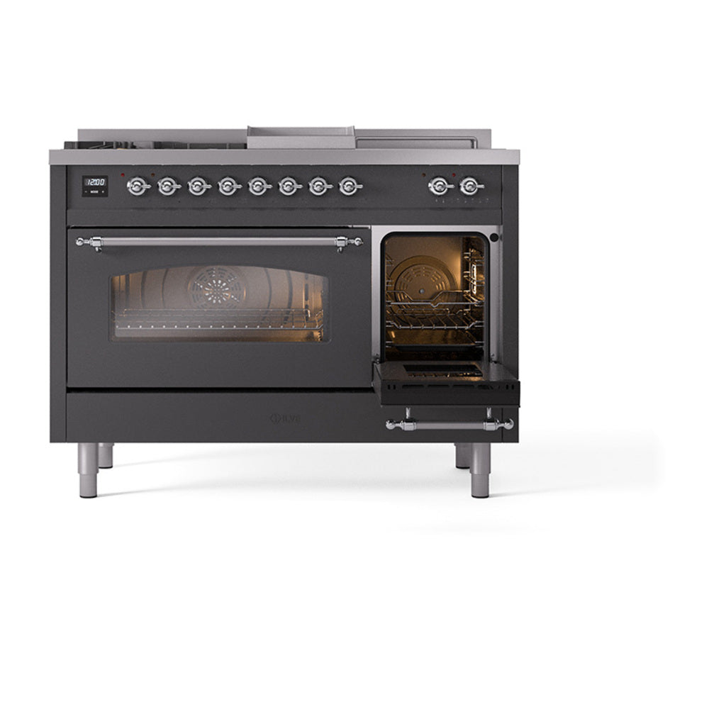 Matte graphite range with both oven doors open and illuminated interiors, chrome trim