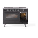 ILVE Nostalgie II 48-Inch Propane Gas Dual Fuel Range with 5 Burners, Griddle, & French Top with Triple Glass Door Oven in Matte Graphite with Chrome Trim (UP48FSNMPMGCLP)