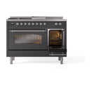 ILVE Nostalgie II 48-Inch Natural Gas Dual Fuel Range with 5 Burners, Griddle, & French Top with Triple Glass Door Oven in Matte Graphite with Chrome Trim (UP48FSNMPMGC)