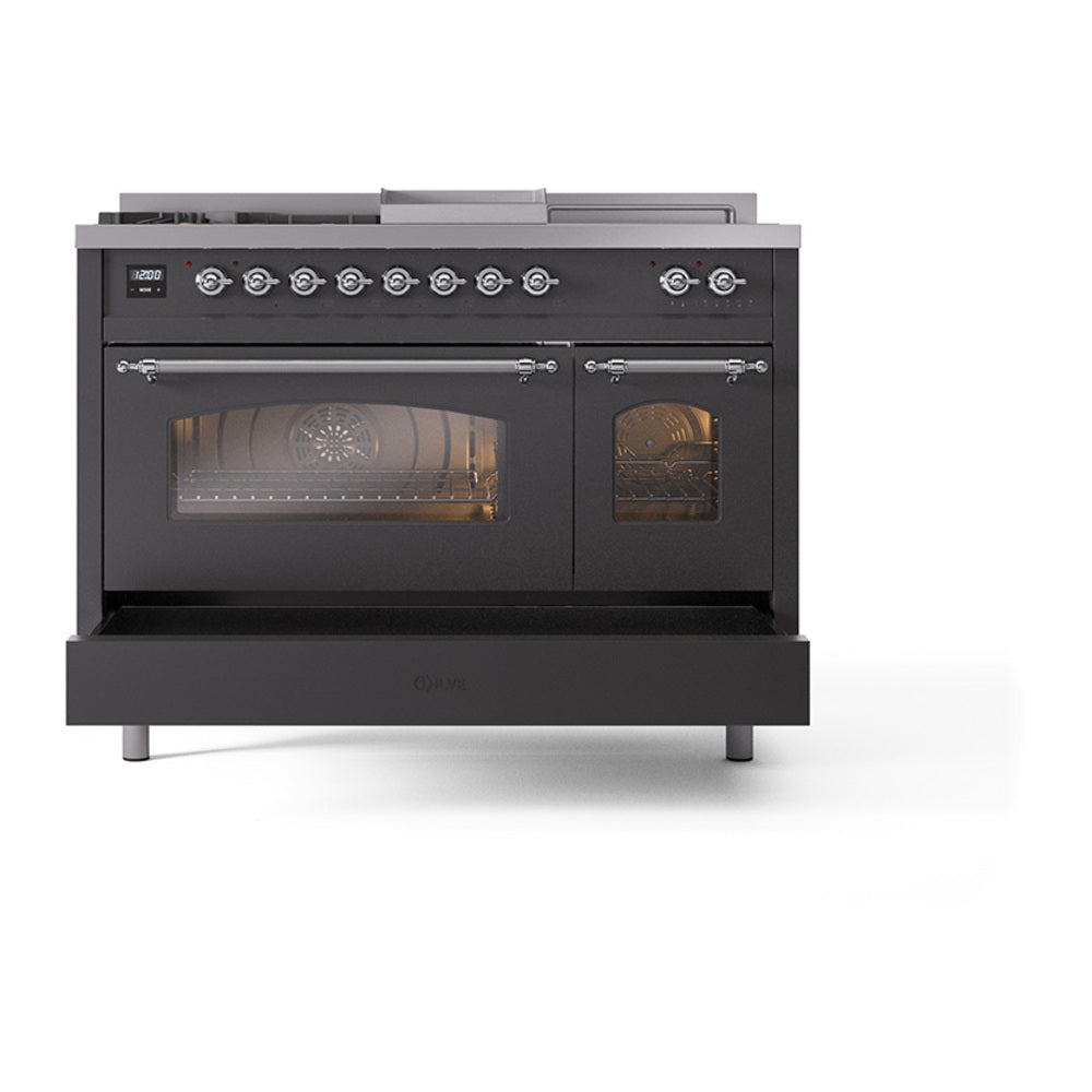 Matte graphite triple-door gas range with front control knobs and chrome handles