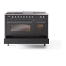 ILVE Nostalgie II 48-Inch Propane Gas Dual Fuel Range with 5 Burners, Griddle, & French Top with Triple Glass Door Oven in Matte Graphite with Chrome Trim (UP48FSNMPMGCLP)