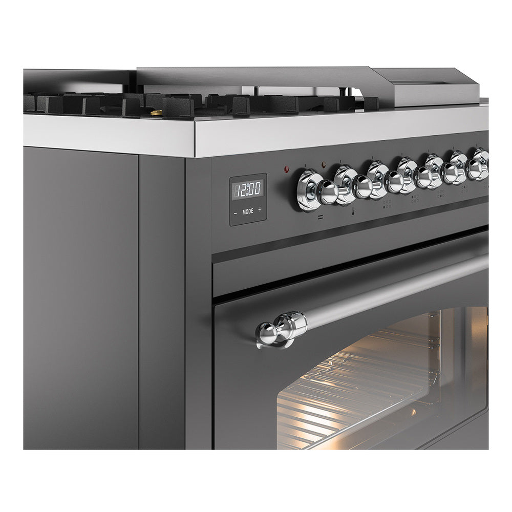 Matte graphite range control panel with chrome knobs and open oven door