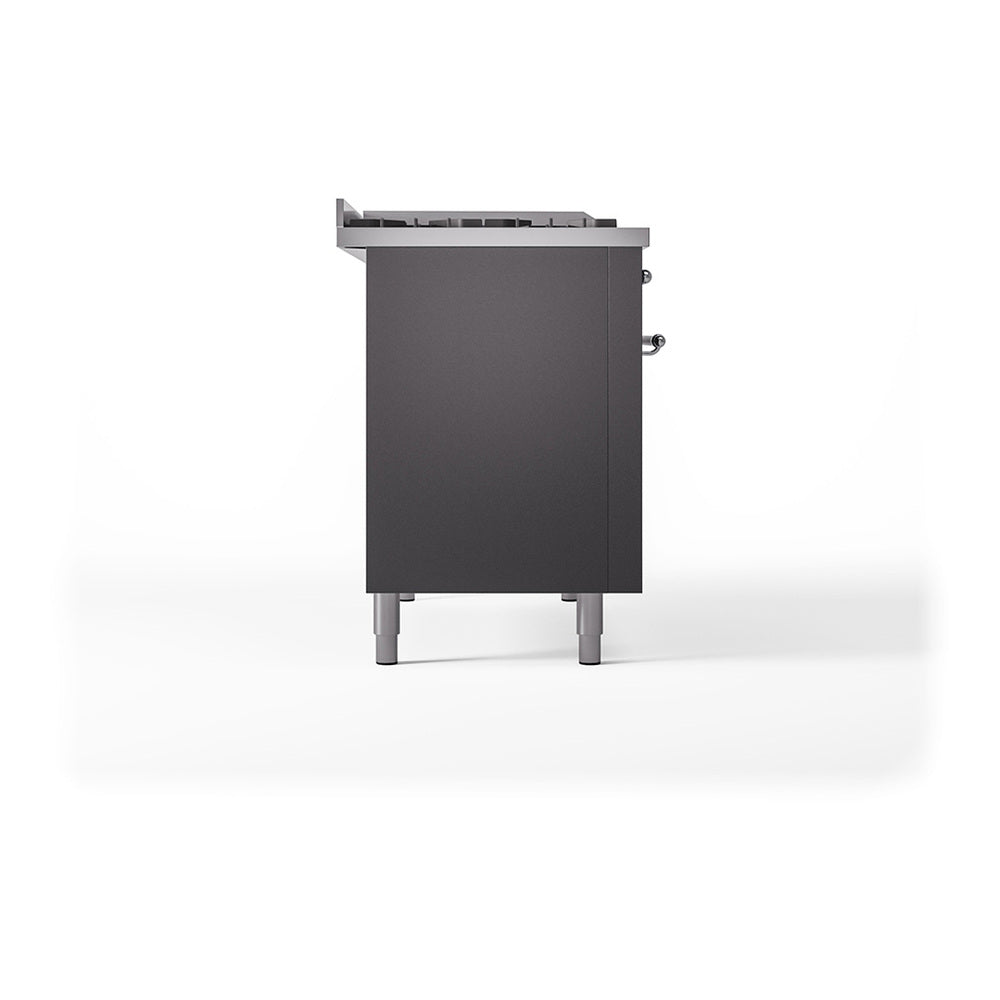 Matte graphite range rear-side view with vented top and chrome mounting legs