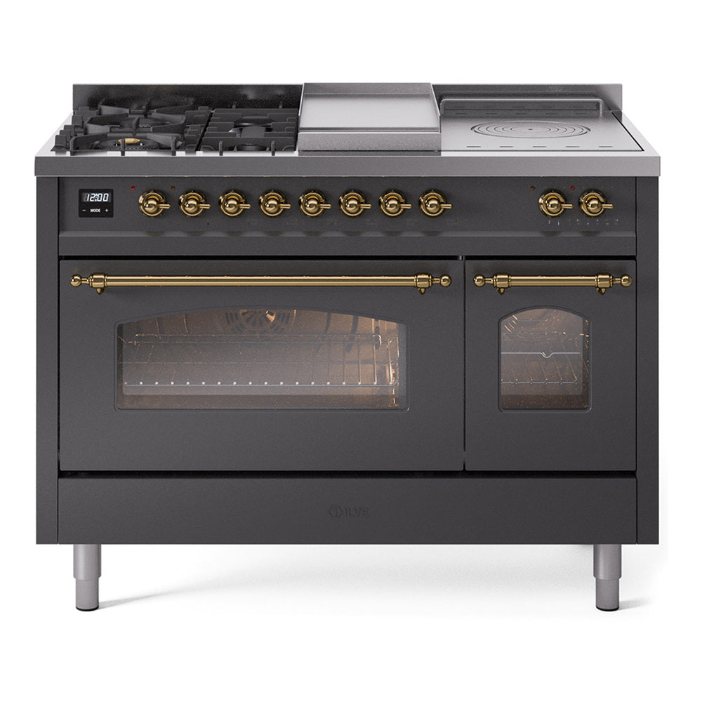 Matte graphite dual-fuel range with brass knobs, burners, griddle, and dual glass oven doors