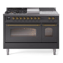ILVE Nostalgie II 48-Inch Natural Gas Dual Fuel Range with 5 Burners, Griddle, & French Top with Triple Glass Door Oven in Matte Graphite with Brass Trim (UP48FSNMPMGG)