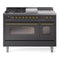 ILVE Nostalgie II 48-Inch Natural Gas Dual Fuel Range with 5 Burners, Griddle, & French Top with Triple Glass Door Oven in Matte Graphite with Brass Trim (UP48FSNMPMGG)