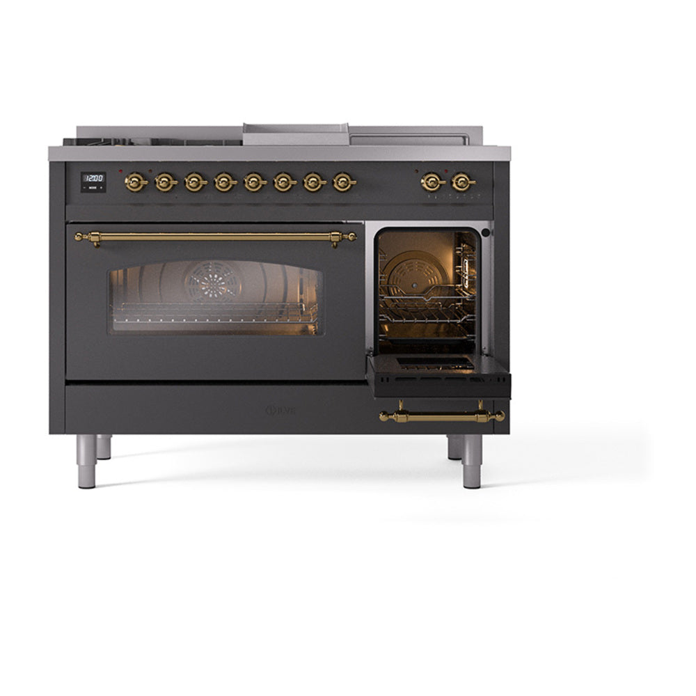 Matte graphite dual-fuel range with brass knobs and left oven door open