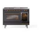ILVE Nostalgie II 48-Inch Natural Gas Dual Fuel Range with 5 Burners, Griddle, & French Top with Triple Glass Door Oven in Matte Graphite with Brass Trim (UP48FSNMPMGG)