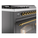 ILVE Nostalgie II 48-Inch Propane Gas Dual Fuel Range with 5 Burners, Griddle, & French Top with Triple Glass Door Oven in Matte Graphite with Brass Trim (UP48FSNMPMGGLP)