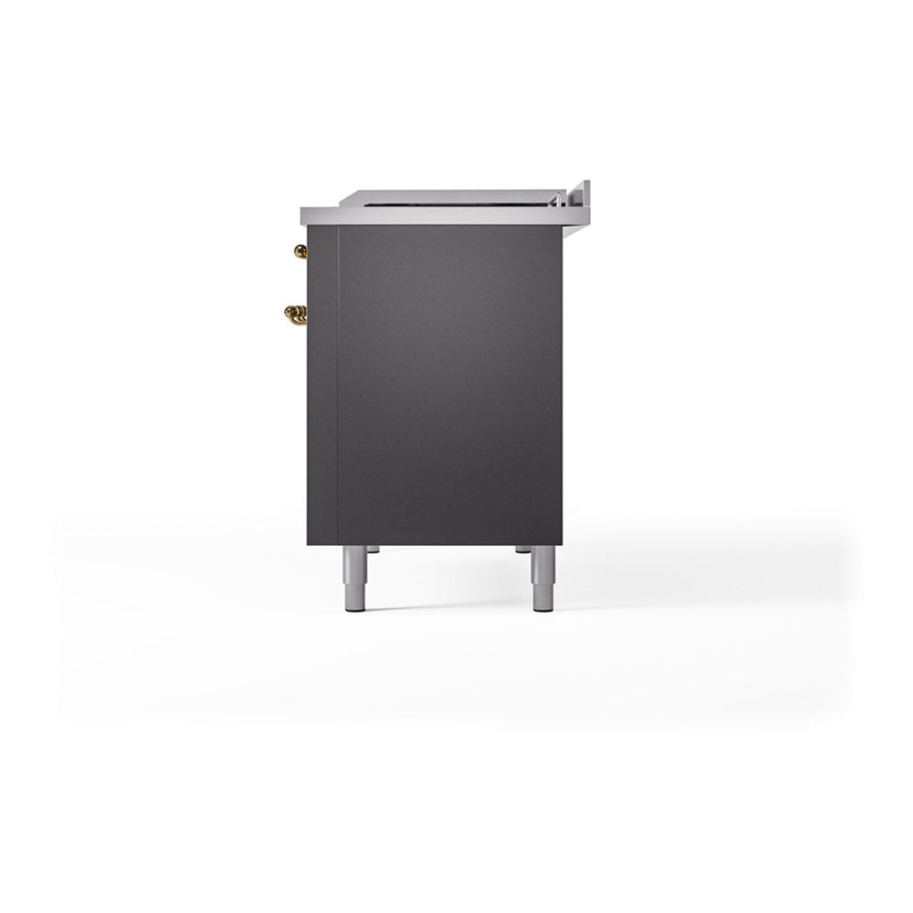 Matte graphite dual fuel range back-side view with brass mounting points