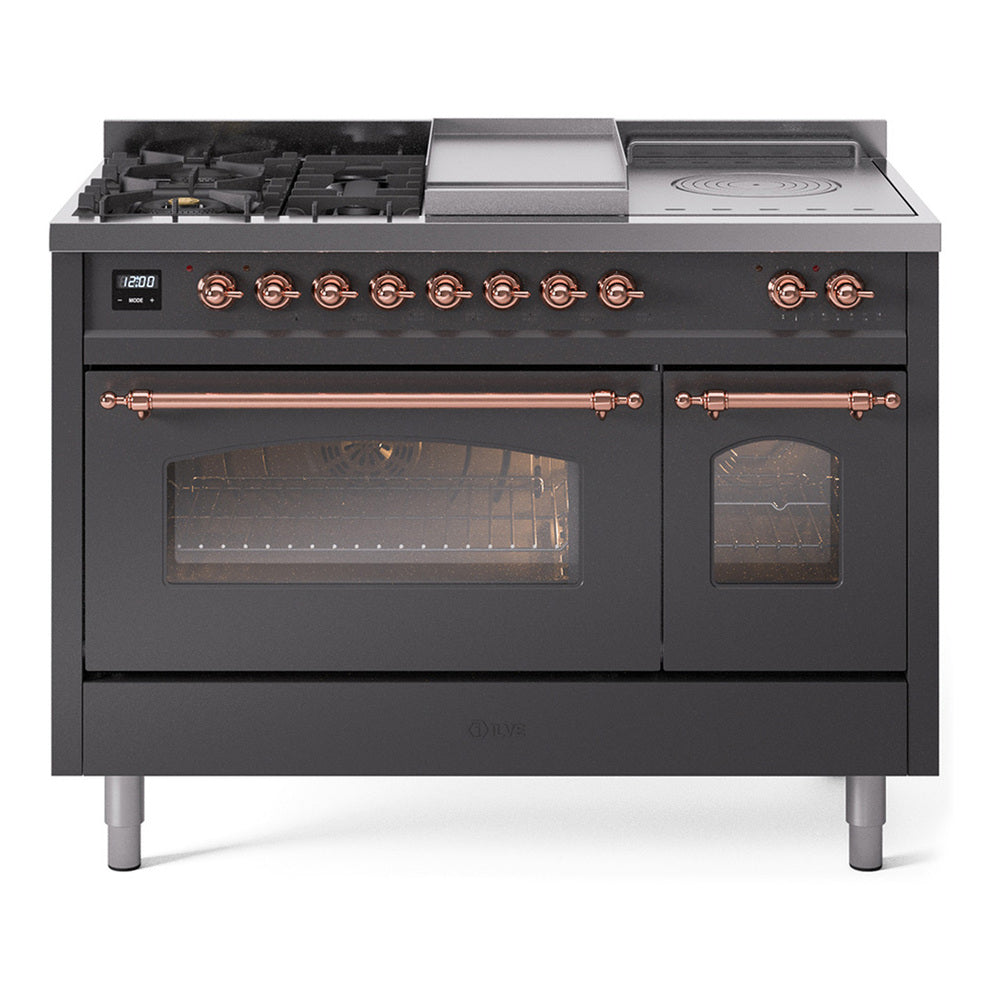 Front view of dual-fuel gas range with griddle and French-top burners on open cooktop