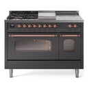 ILVE Nostalgie II 48-Inch Natural Gas Dual Fuel Range with 5 Burners, Griddle, & French Top with Triple Glass Door Oven in Matte Graphite with Copper Trim (UP48FSNMPMGP)