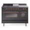 ILVE Nostalgie II 48-Inch Natural Gas Dual Fuel Range with 5 Burners, Griddle, & French Top with Triple Glass Door Oven in Matte Graphite with Copper Trim (UP48FSNMPMGP)