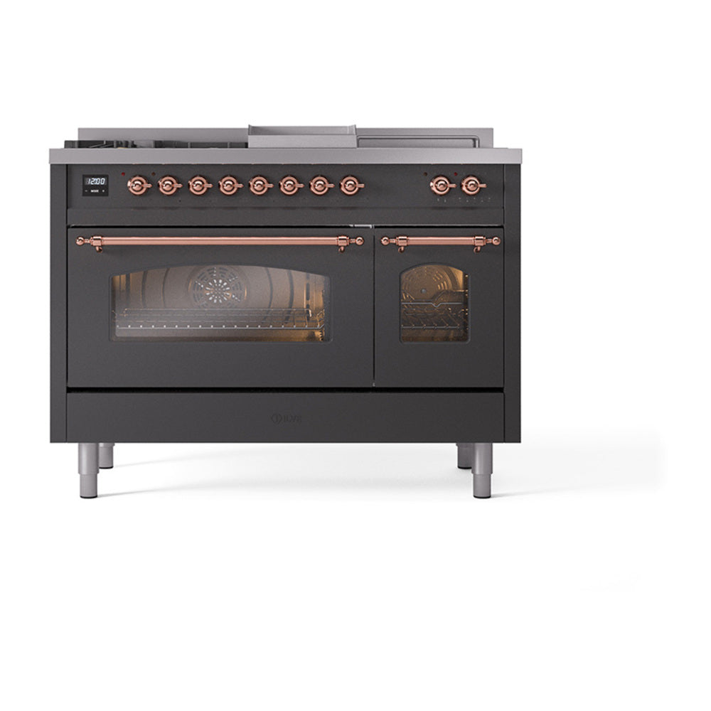 Matte graphite dual-fuel gas range with copper trim, triple-glass oven doors closed