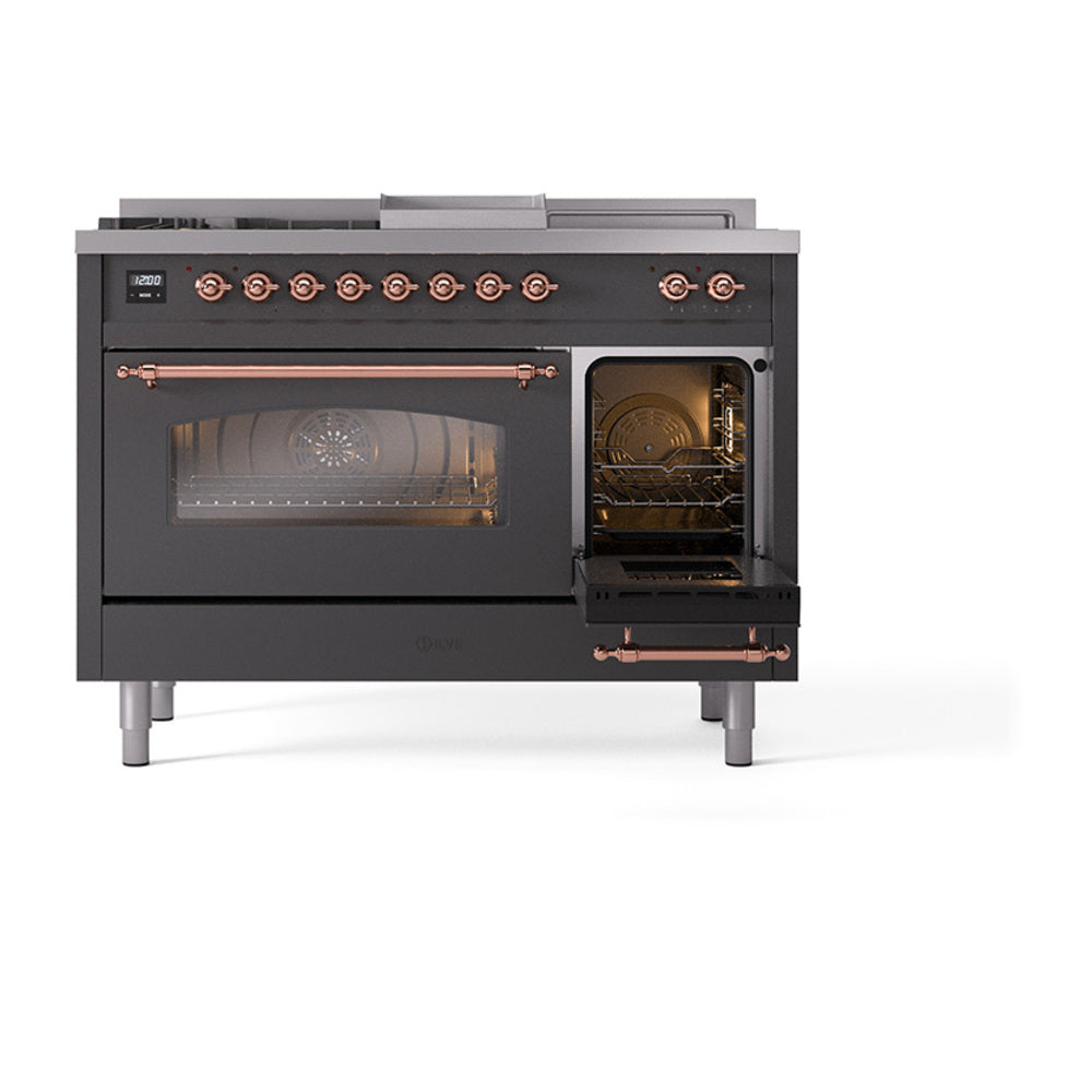 Front view of matte graphite dual-fuel gas range with one oven door open