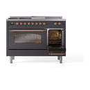 ILVE Nostalgie II 48-Inch Propane Gas Dual Fuel Range with 5 Burners, Griddle, & French Top with Triple Glass Door Oven in Matte Graphite with Copper Trim (UP48FSNMPMGPLP)