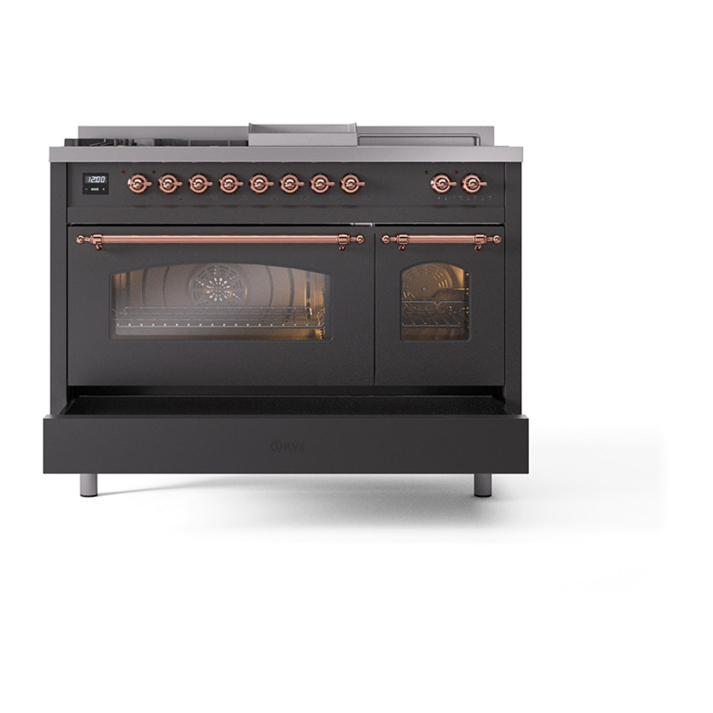Matte graphite gas dual-fuel range with copper knobs and triple-glass oven doors
