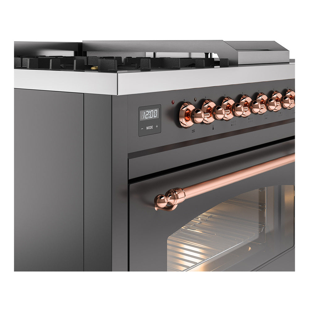 Side view of matte graphite dual-fuel gas range with copper control knobs and display