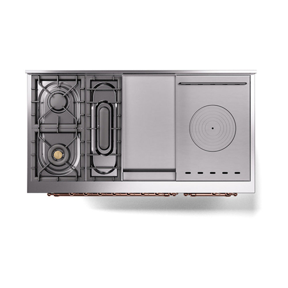 Underside view of gas range with exposed burner and French-top components