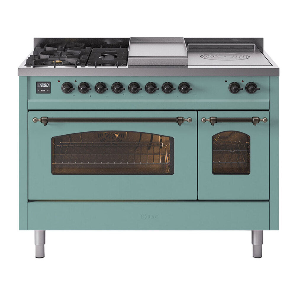 ILVE Nostalgie II 48-Inch Natural Gas Dual Fuel Range with 5 Burners, Griddle, & French Top with Triple Glass Door Oven in Mediterranean Mint with Burnished Bronze Trim (UP48FSNMPMMB)