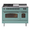 ILVE Nostalgie II 48-Inch Natural Gas Dual Fuel Range with 5 Burners, Griddle, & French Top with Triple Glass Door Oven in Mediterranean Mint with Burnished Bronze Trim (UP48FSNMPMMB)