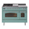 ILVE Nostalgie II 48-Inch Propane Gas Dual Fuel Range with 5 Burners, Griddle, & French Top with Triple Glass Door Oven in Mediterranean Mint with Chrome Trim (UP48FSNMPMMCLP)