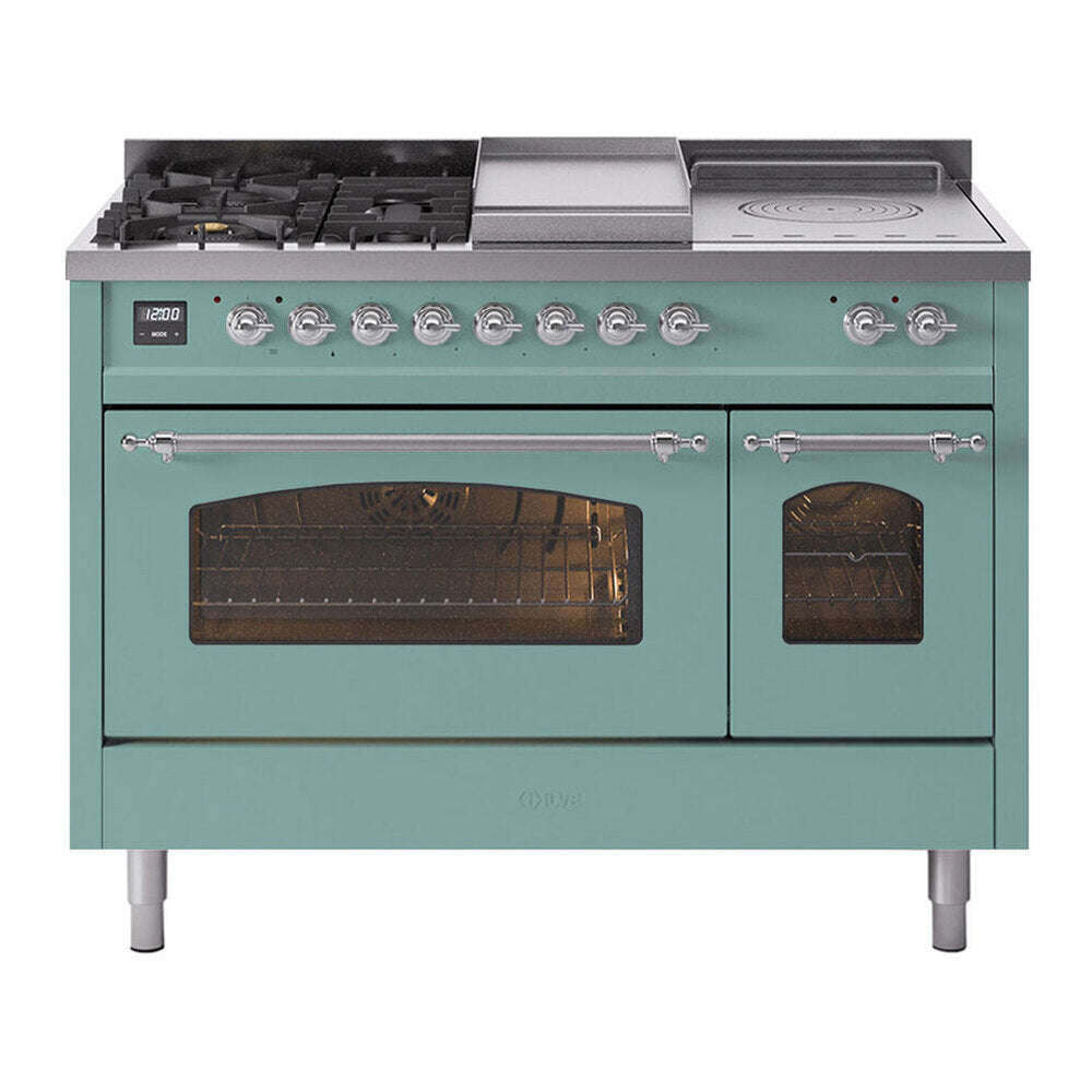 ILVE Nostalgie II 48-Inch Natural Gas Dual Fuel Range with 5 Burners, Griddle, & French Top with Triple Glass Door Oven in Mediterranean Mint with Chrome Trim (UP48FSNMPMMC)