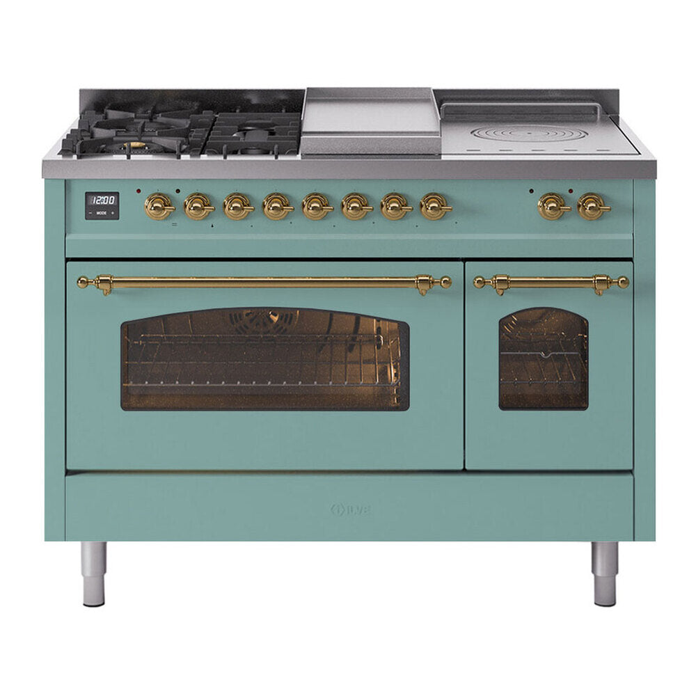 ILVE Nostalgie II 48-Inch Propane Gas Dual Fuel Range with 5 Burners, Griddle, & French Top with Triple Glass Door Oven in Mediterranean Mint with Brass Trim (UP48FSNMPMMGLP)