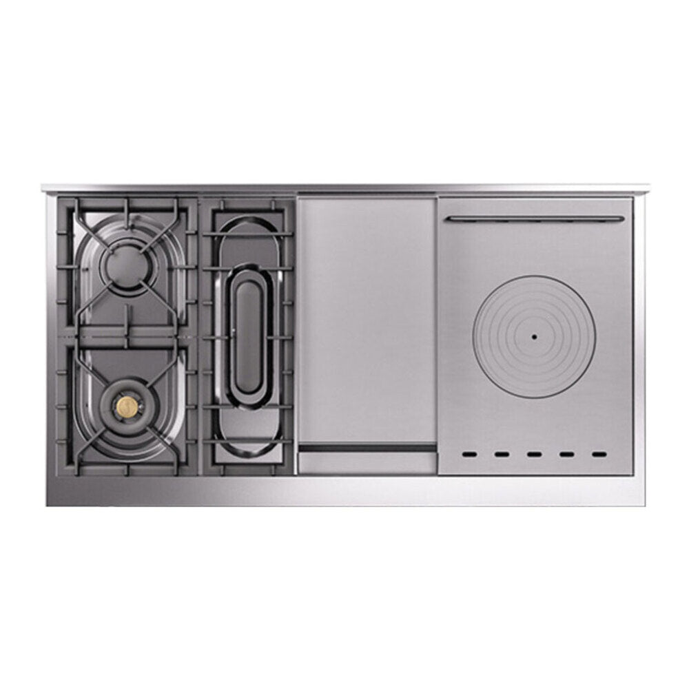 ILVE Nostalgie II 48-Inch Natural Gas Dual Fuel Range with 5 Burners, Griddle, & French Top with Triple Glass Door Oven in Mediterranean Mint with Brass Trim (UP48FSNMPMMG)