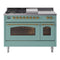 ILVE Nostalgie II 48-Inch Natural Gas Dual Fuel Range with 5 Burners, Griddle, & French Top with Triple Glass Door Oven in Mediterranean Mint with Brass Trim (UP48FSNMPMMG)
