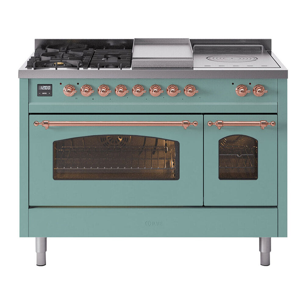 ILVE Nostalgie II 48-Inch Natural Gas Dual Fuel Range with 5 Burners, Griddle, & French Top with Triple Glass Door Oven in Mediterranean Mint with Copper Trim (UP48FSNMPMMP)