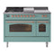 ILVE Nostalgie II 48-Inch Natural Gas Dual Fuel Range with 5 Burners, Griddle, & French Top with Triple Glass Door Oven in Mediterranean Mint with Copper Trim (UP48FSNMPMMP)