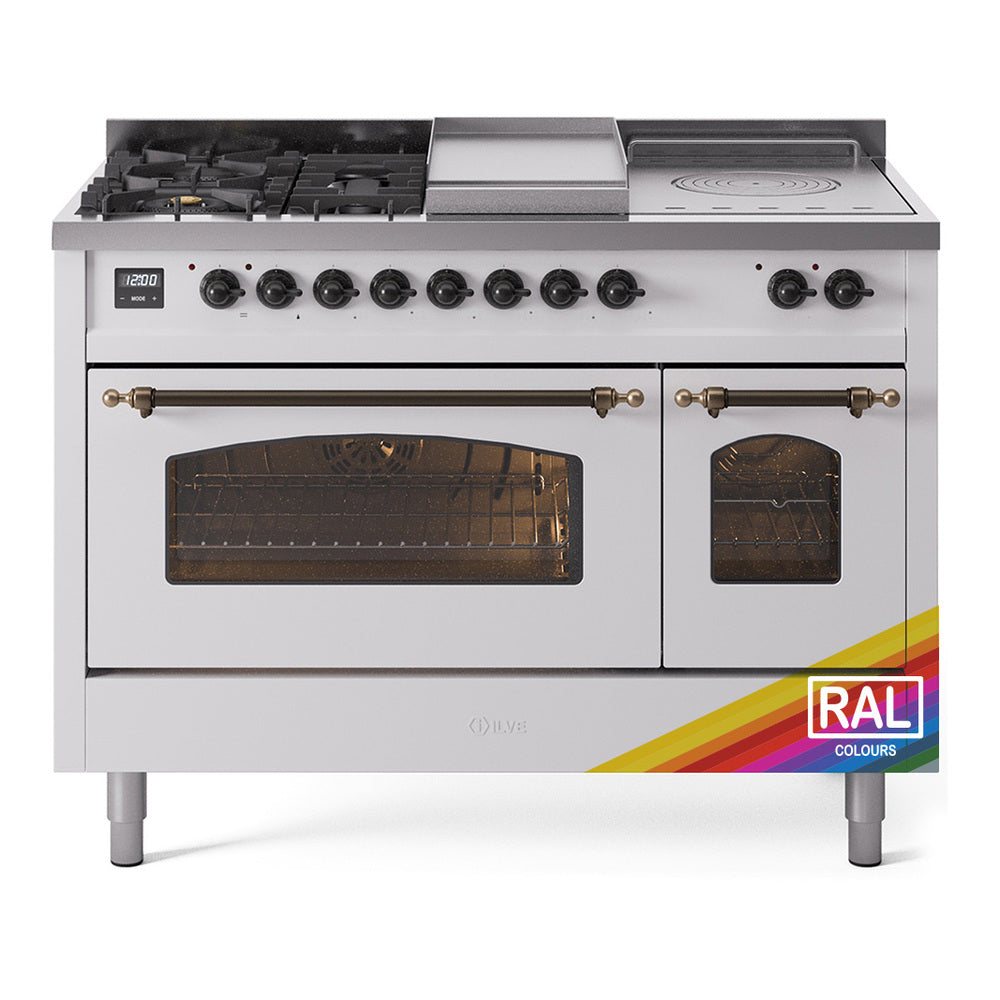 Dual-fuel gas range with 5 burners, griddle, and French-top section