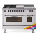 ILVE Nostalgie II 48-Inch Natural Gas Dual Fuel Range with 5 Burners, Griddle, & French Top with Triple Glass Door Oven in Custom RAL with Bronze Trim (UP48FSNMPRAB)