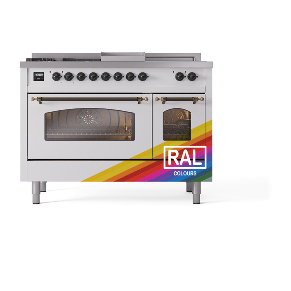 Dual-fuel gas range with French top, two ovens, and control knobs