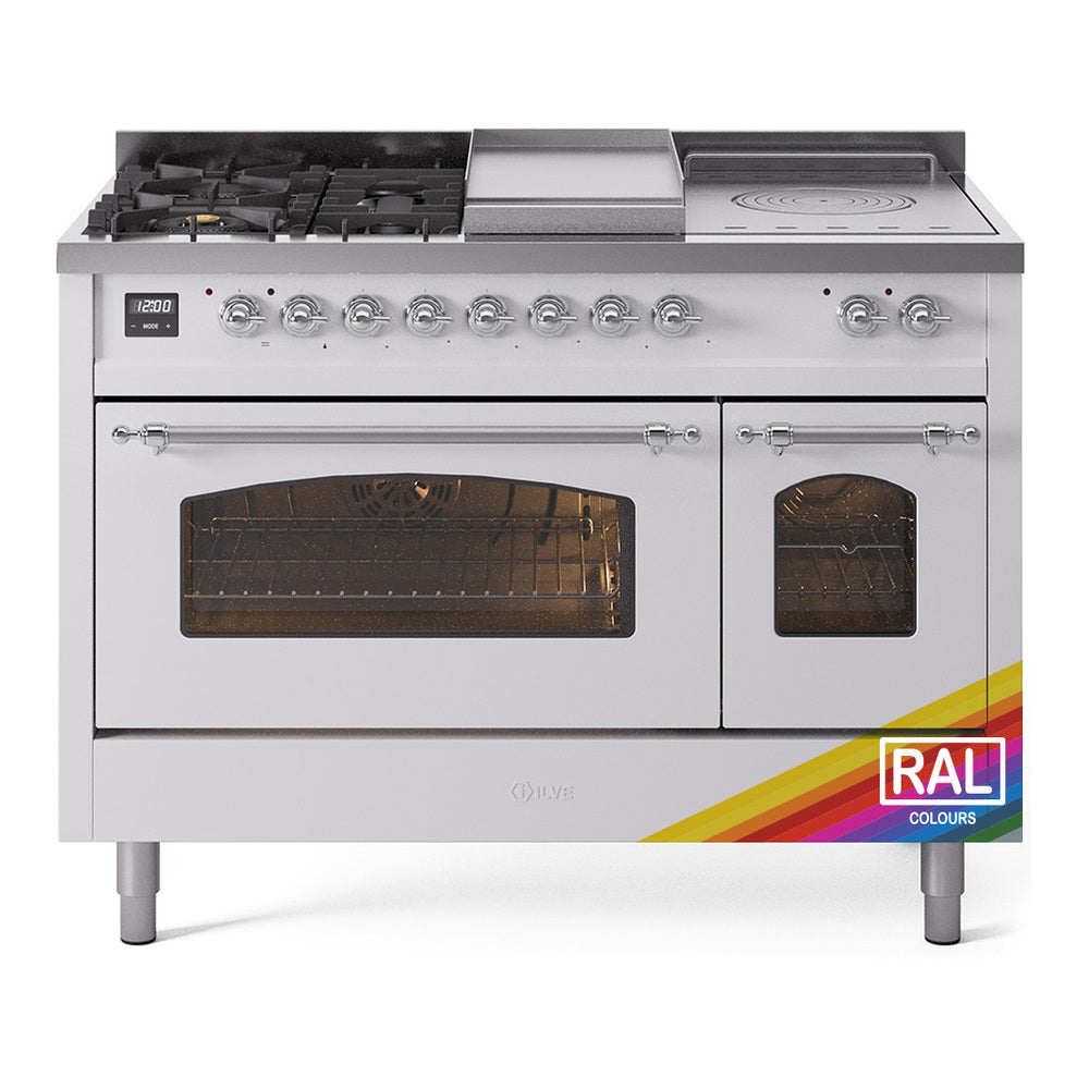 Stainless dual fuel gas range with griddle top, five burners, and double glass oven doors