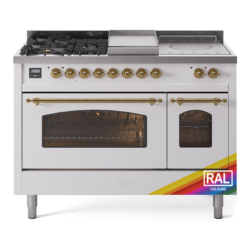 White range with griddle and French top, brass knobs, RAL color label