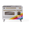 ILVE Nostalgie II 48-Inch Propane Gas Dual Fuel Range with 5 Burners, Griddle, & French Top with Triple Glass Door Oven in Custom RAL with Brass Trim (UP48FSNMPRAGLP)