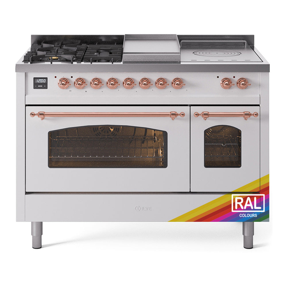 White dual-fuel gas range with griddle, French top, and two glass oven doors