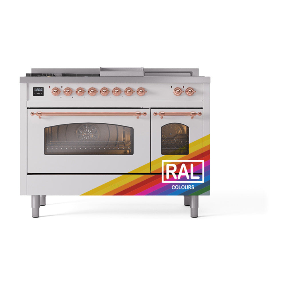 White dual-fuel gas range with two glass ovens, copper handles, and control knobs