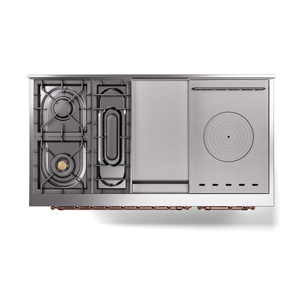 White dual-fuel gas range underside view showing burner grates and internal panels