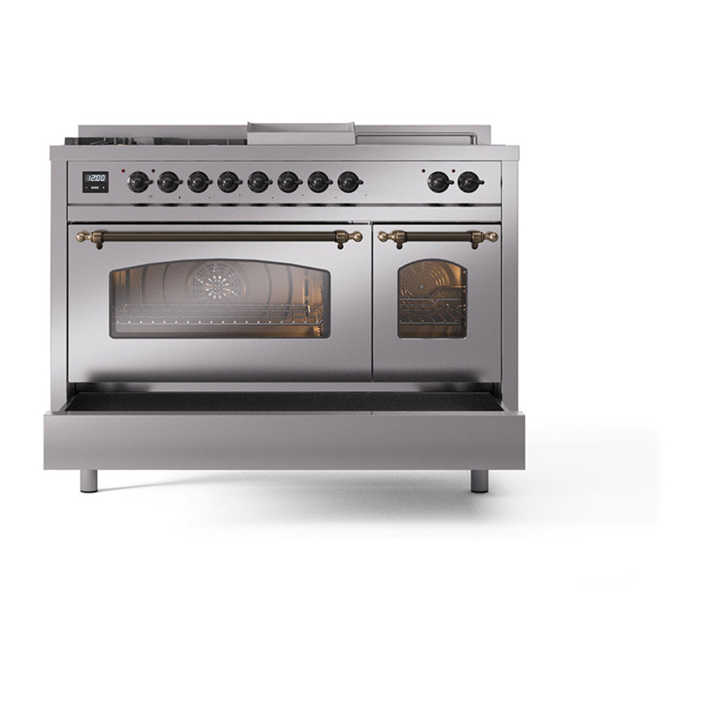 ILVE Nostalgie II dual fuel range with French top, 5 burners, and two glass oven doors