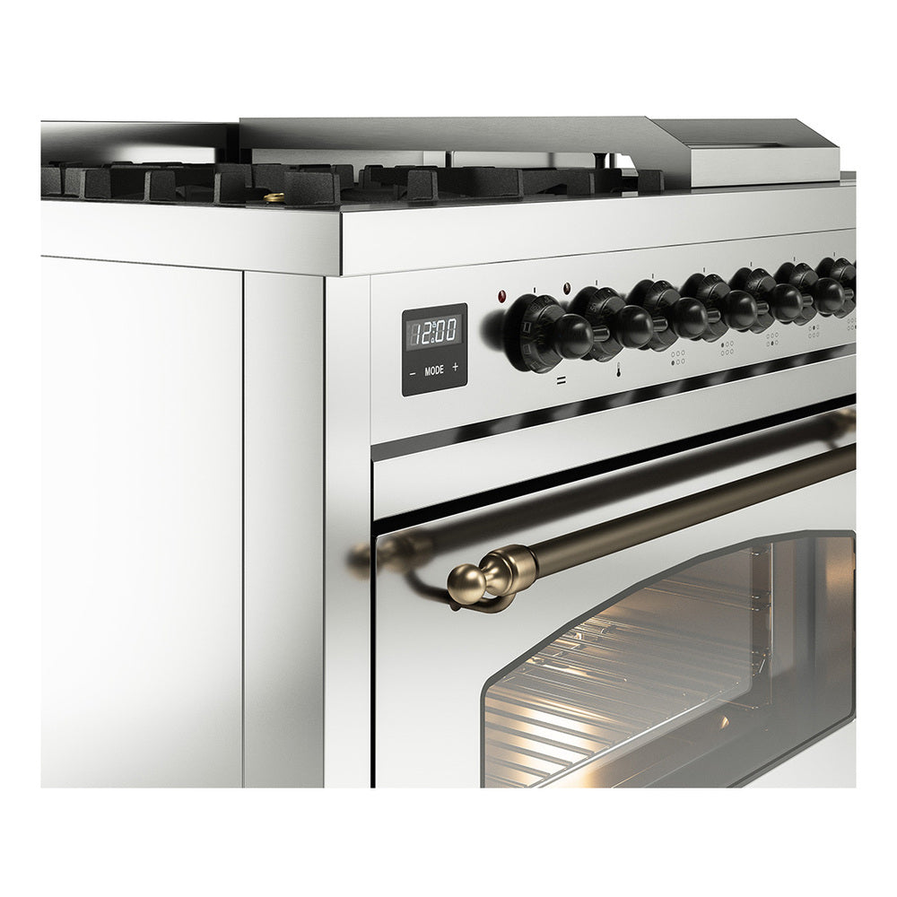 ILVE Nostalgie II control knobs and open oven with bronze handle on stainless range