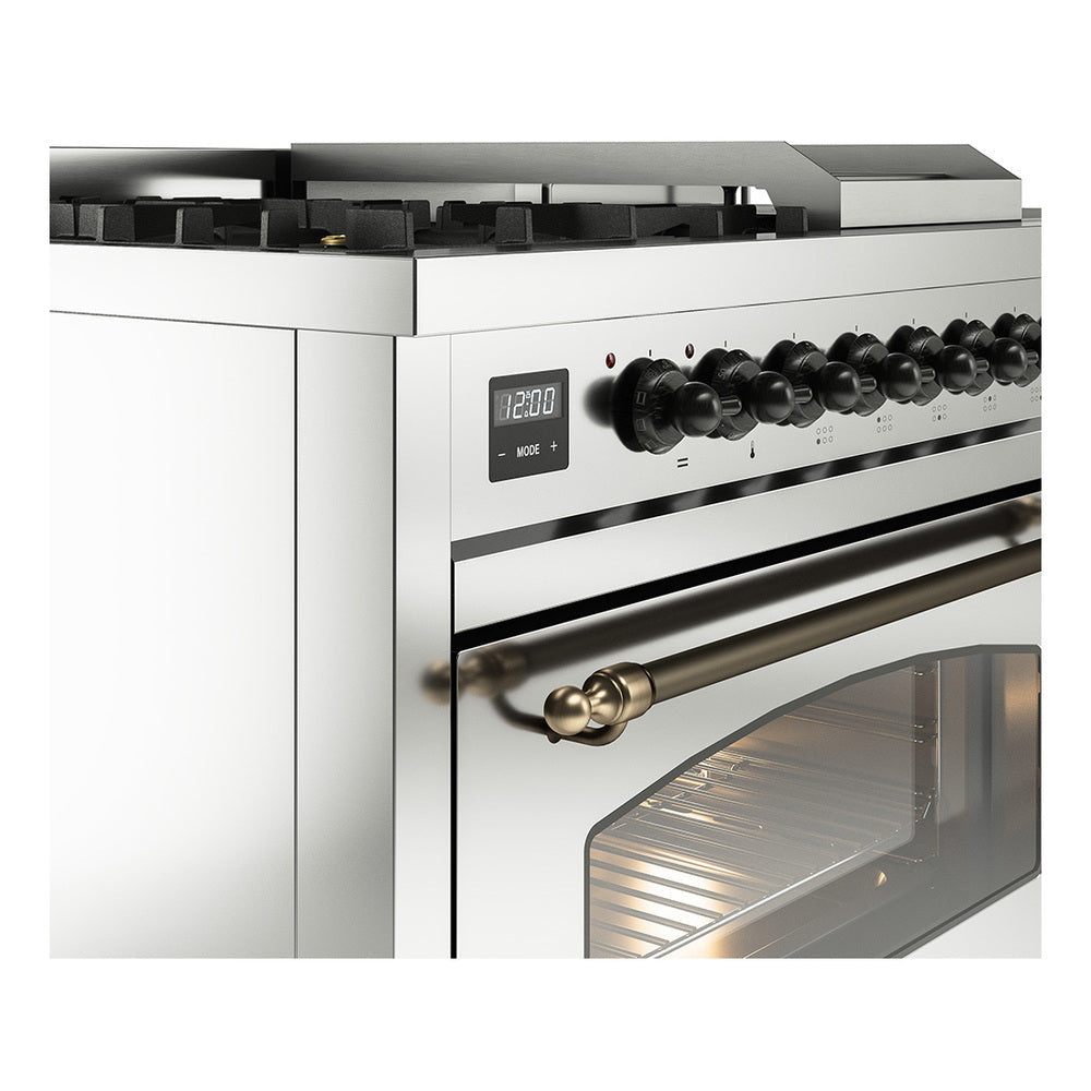 Stainless dual fuel range control panel with illuminated display, burner knobs, and oven door